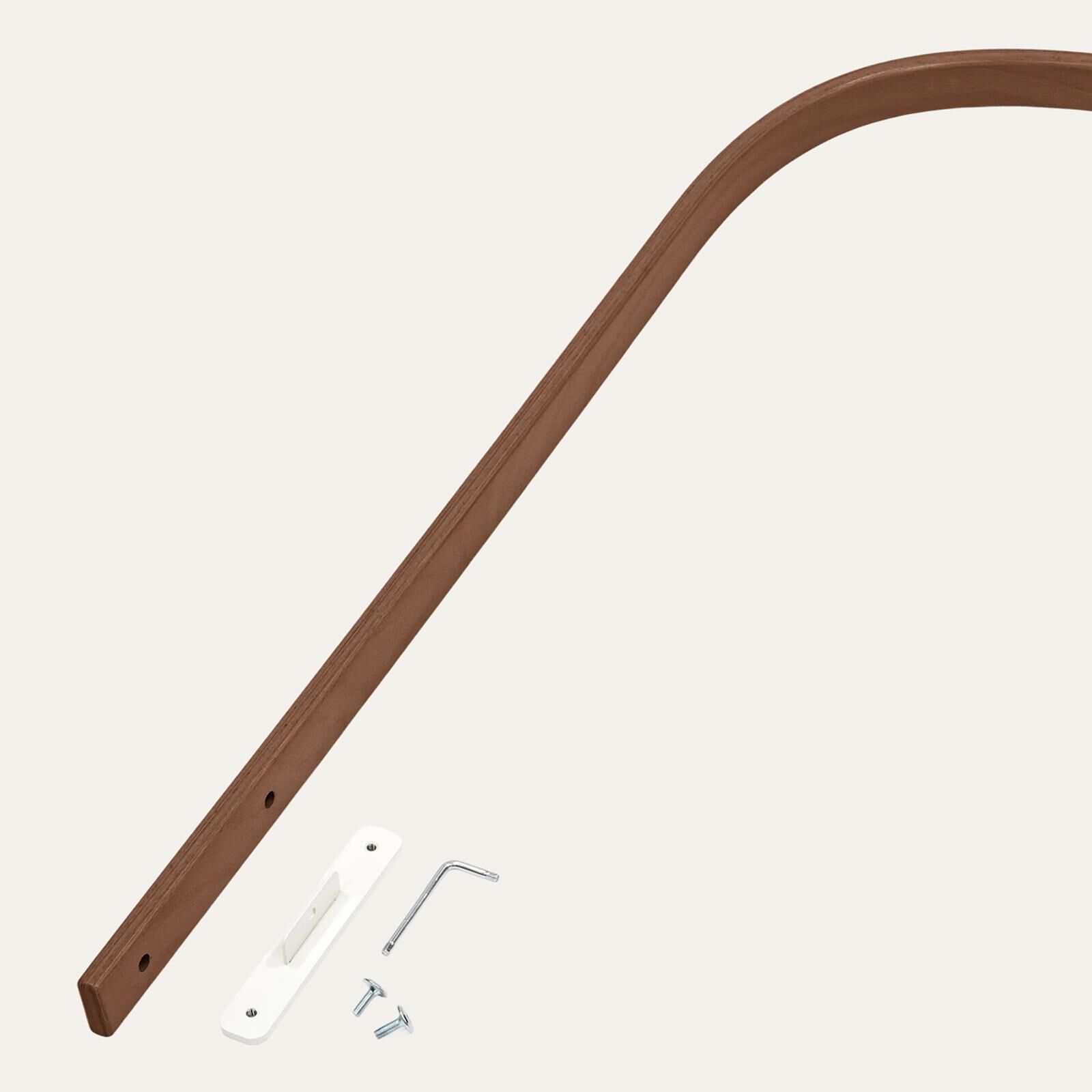 Tripp Trapp component: brown curved wood, white bracket, Allen key, screws.