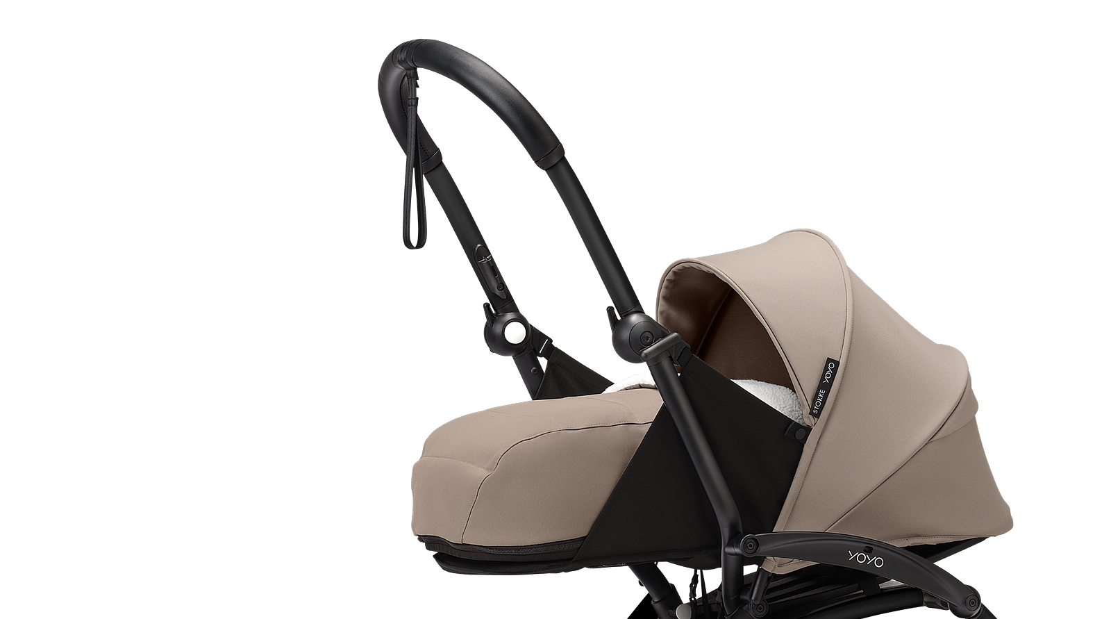 Beiger STOKKE YOYO Kinderwagen mit Babywanne.