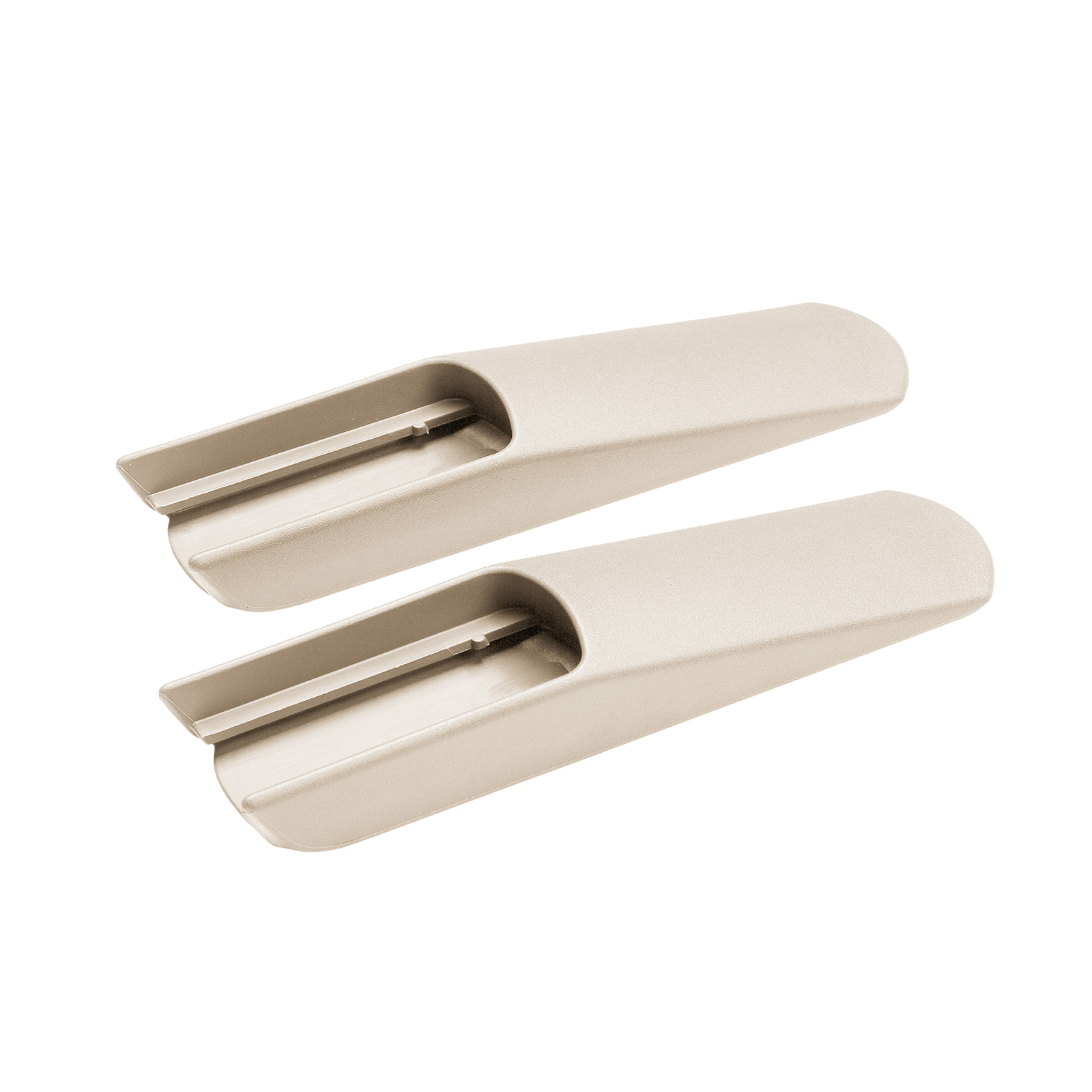 Two beige plastic gliders or foot extensions on a black background.