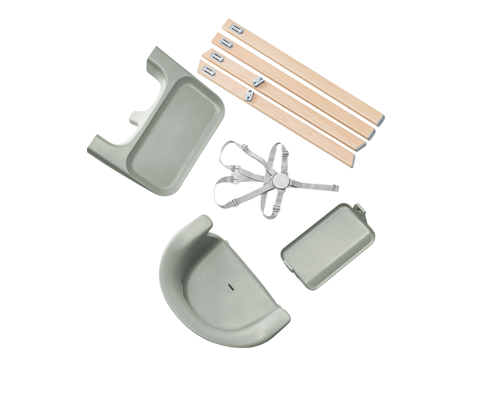 Tripp Trapp high chair parts including wooden legs, grey Baby Set, tray, and harness.