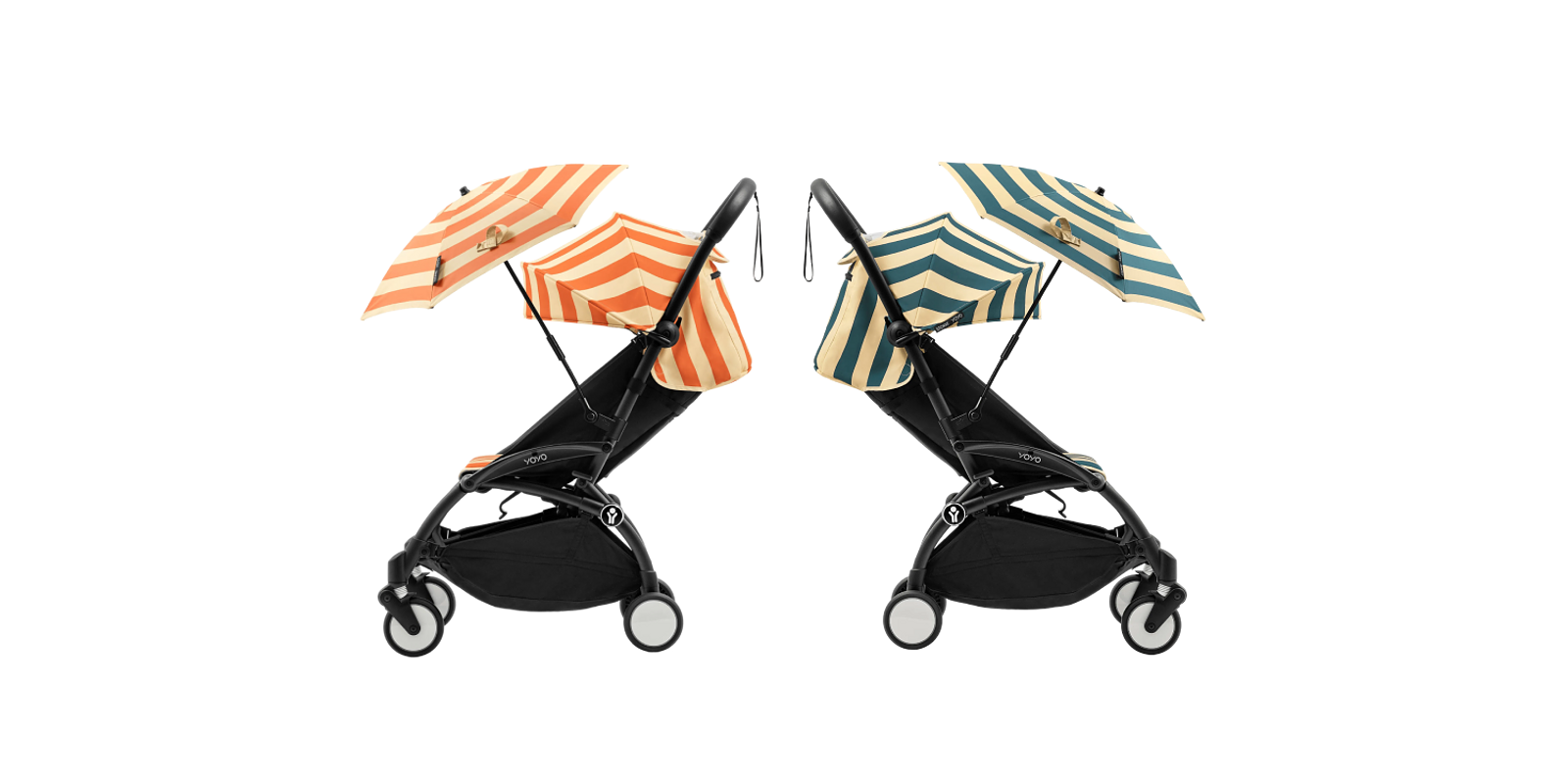 Two STOKKE YOYO strollers with striped canopies and umbrellas, one orange, one blue-green.