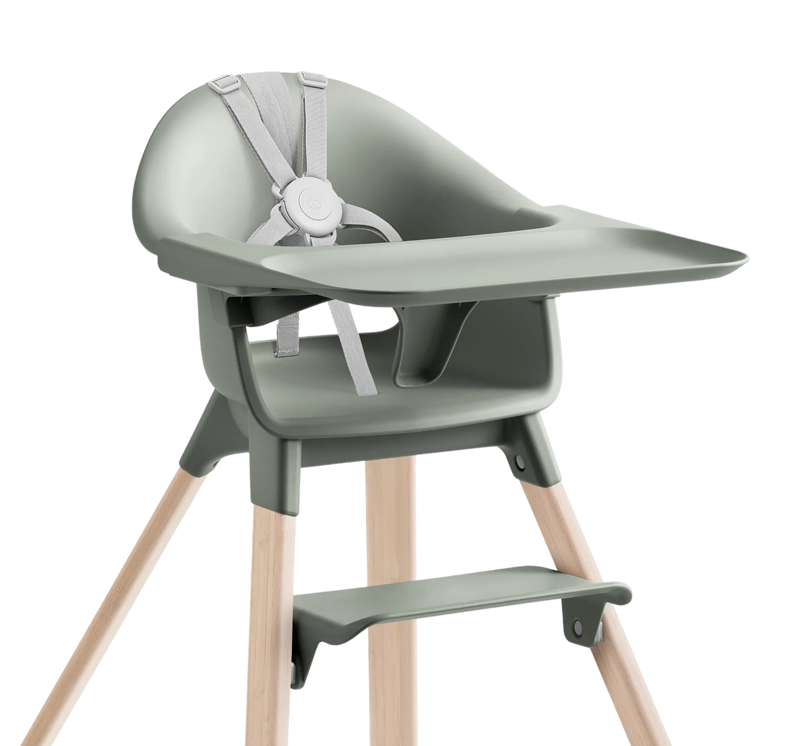 A modern sage green high chair with wooden legs, a tray, and a light grey harness.