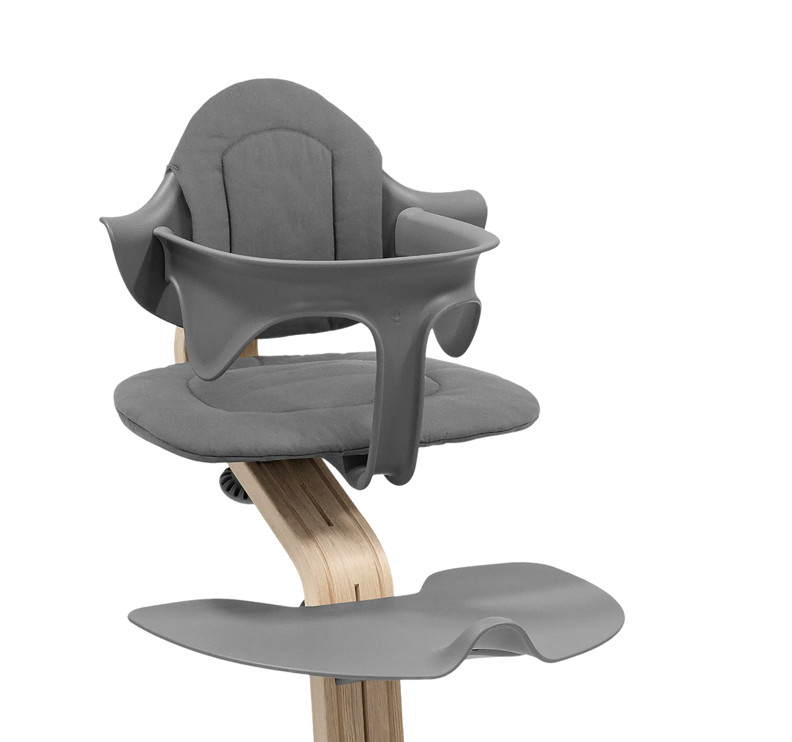 Tripp Trapp high chair with grey Baby Set and cushions.
