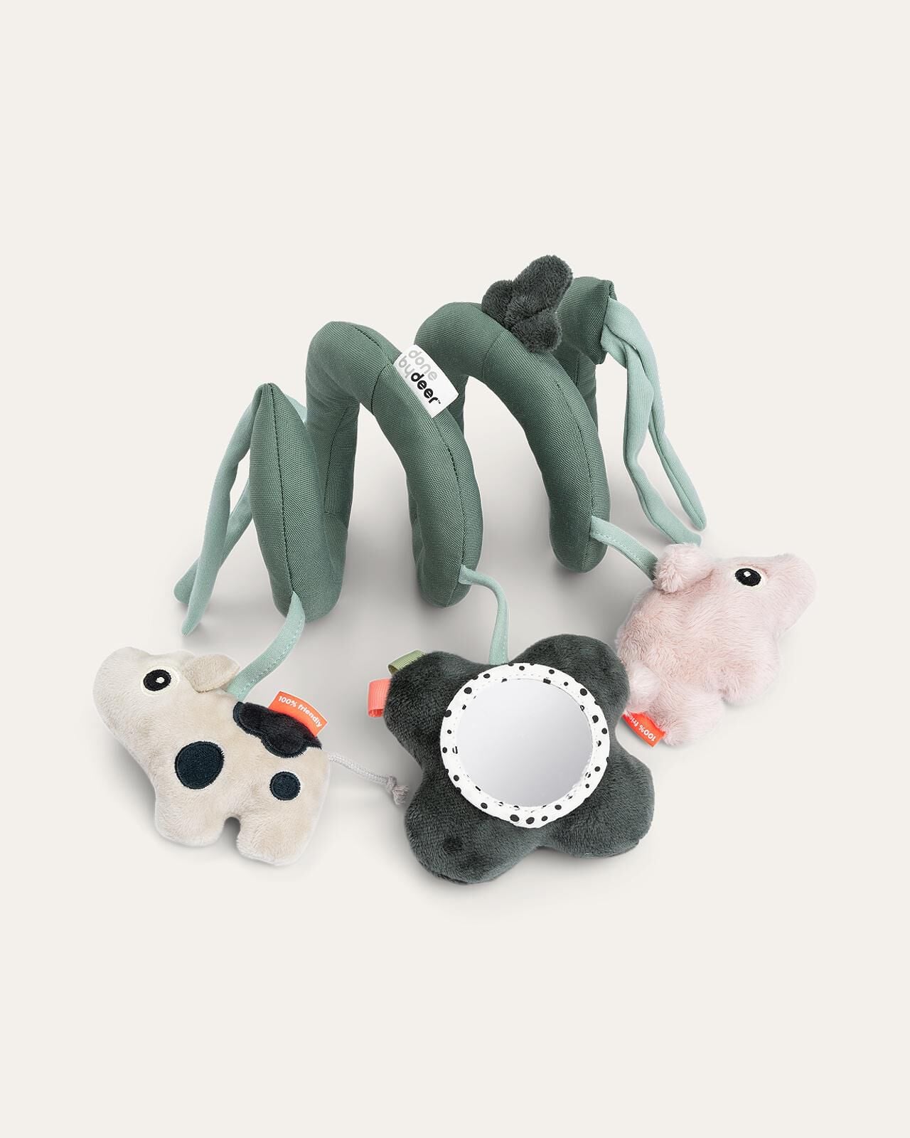 activiteitsspiraal Een groen spiraalvormig babyactiviteitenspeeltje met koe, spiegel en roze knuffeldier.
