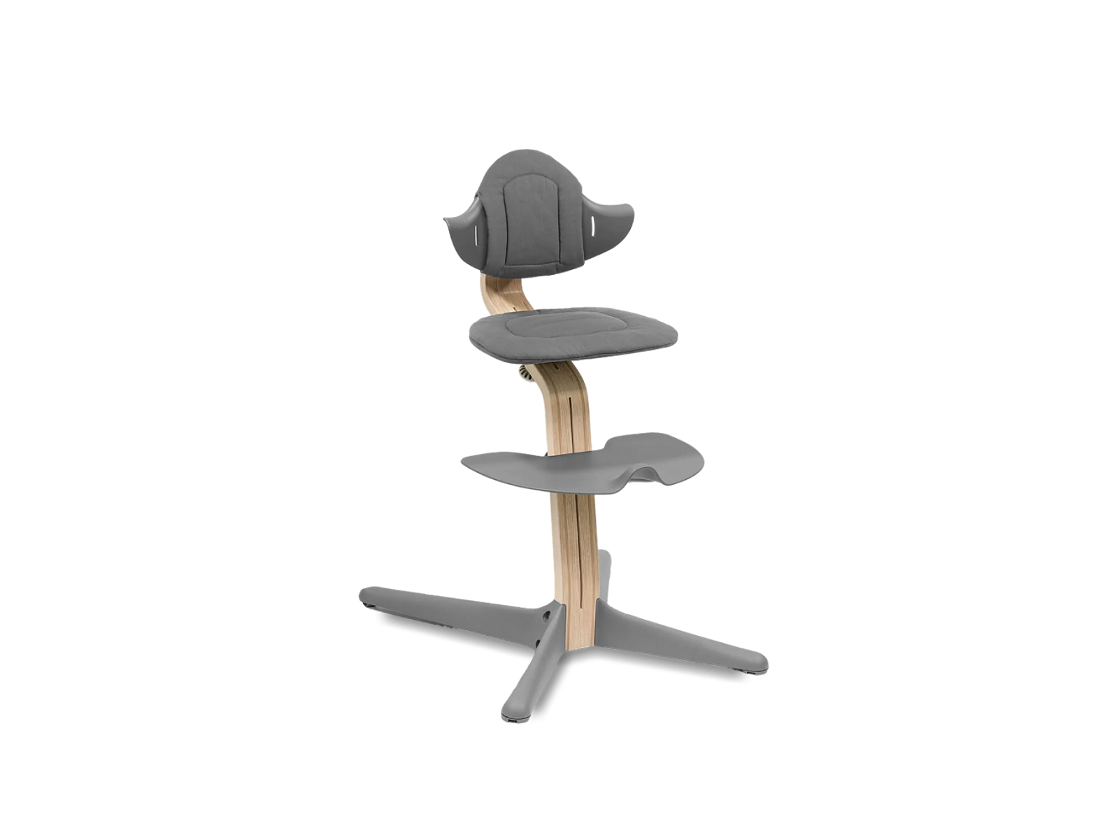 The chair that inspires active sitting A modern adjustable wooden chair with grey padded seat, backrest, footrest, and star base.