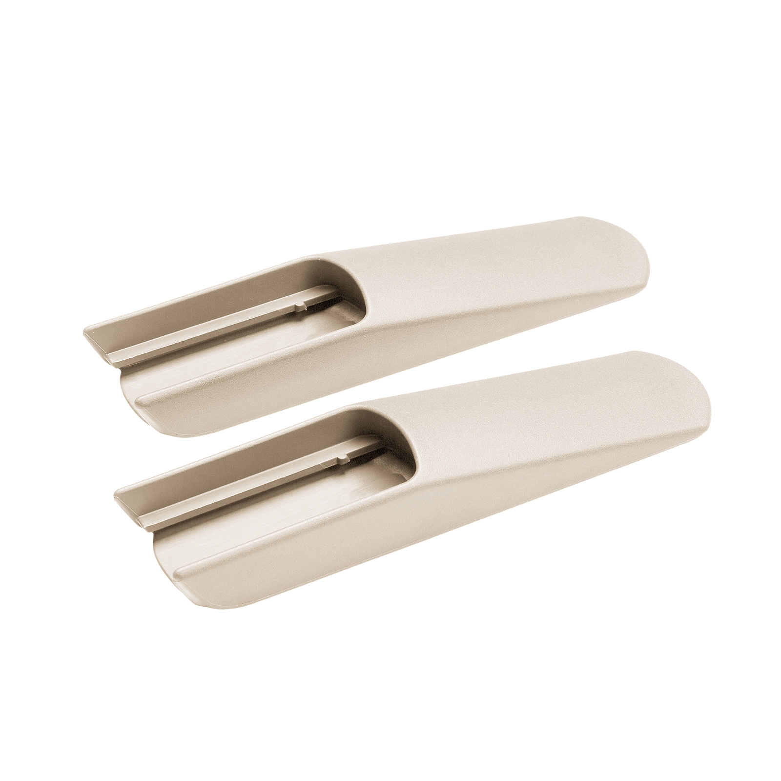Two beige plastic gliders or foot extensions on a black background.