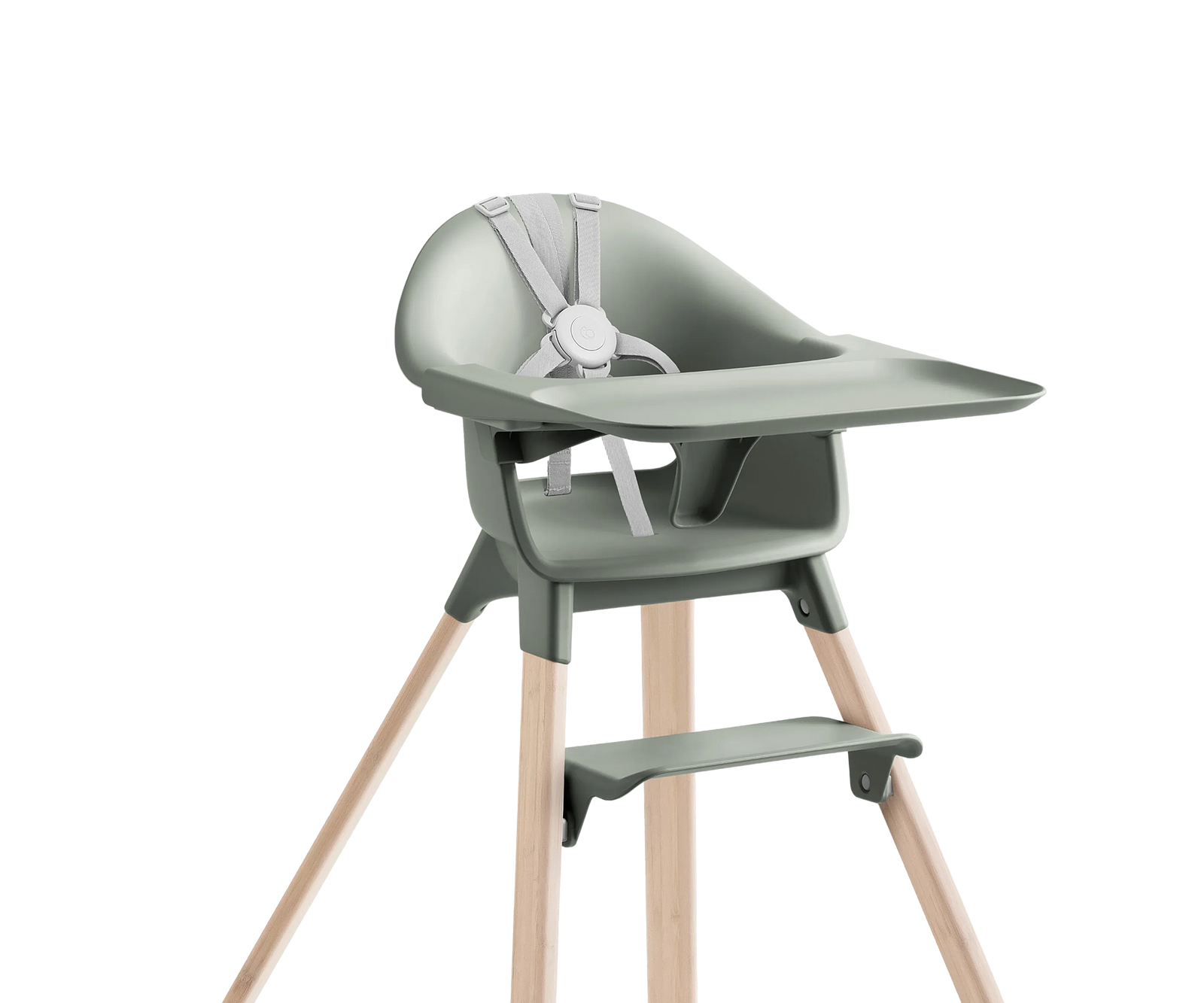 Sage green high chair with wooden legs, tray, and a grey harness.
