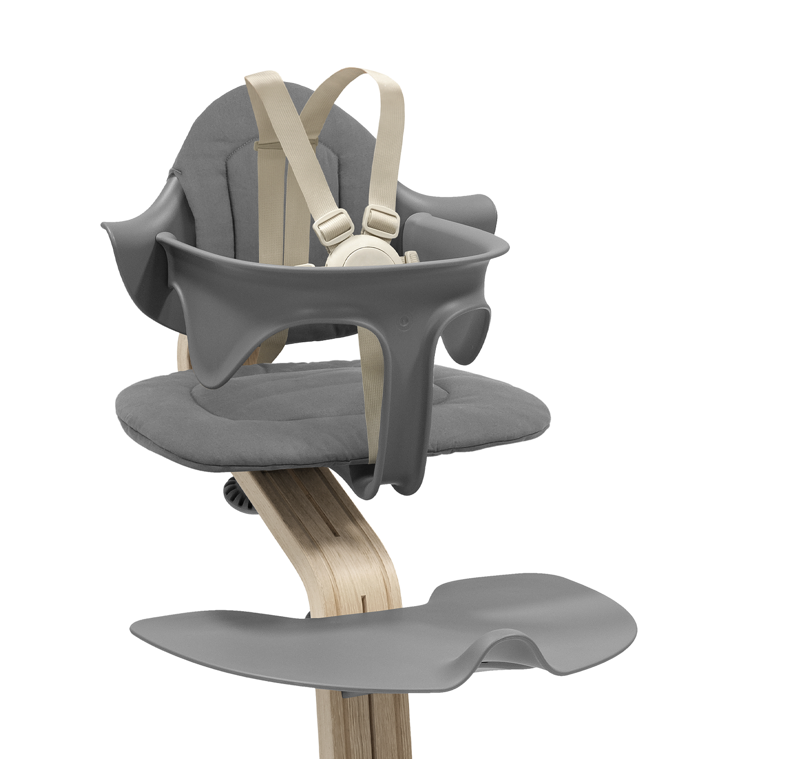 트립트랩 하이체어, 회색 베이비 세트 및 쿠션 포함, 흰색 배경.