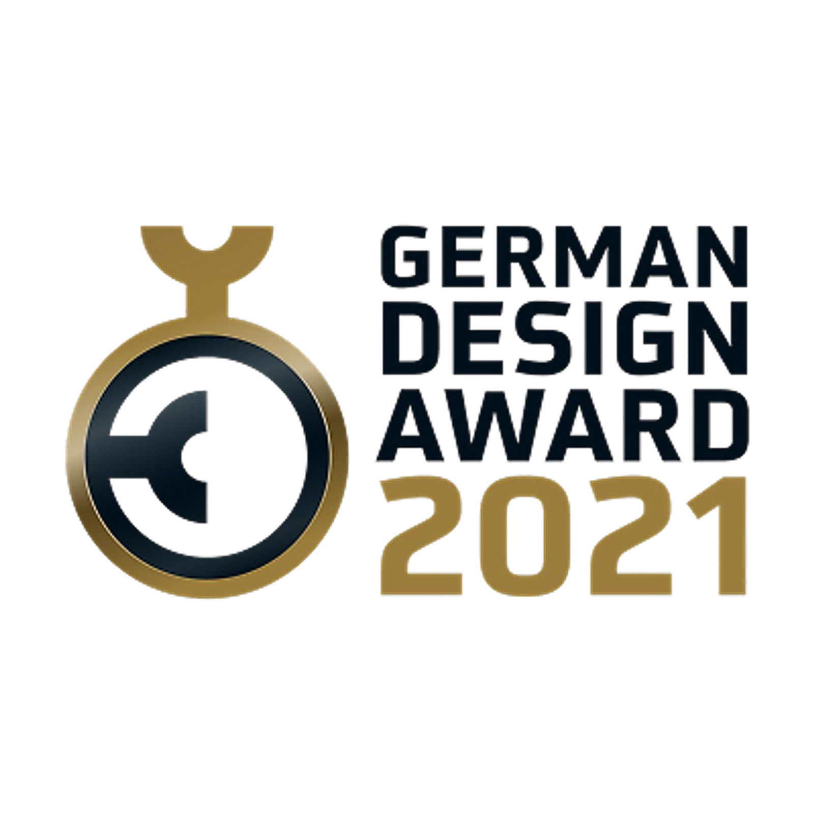 Gold- und dunkelgraues German Design Award 2021 Logo mit Medaillen-Symbol.