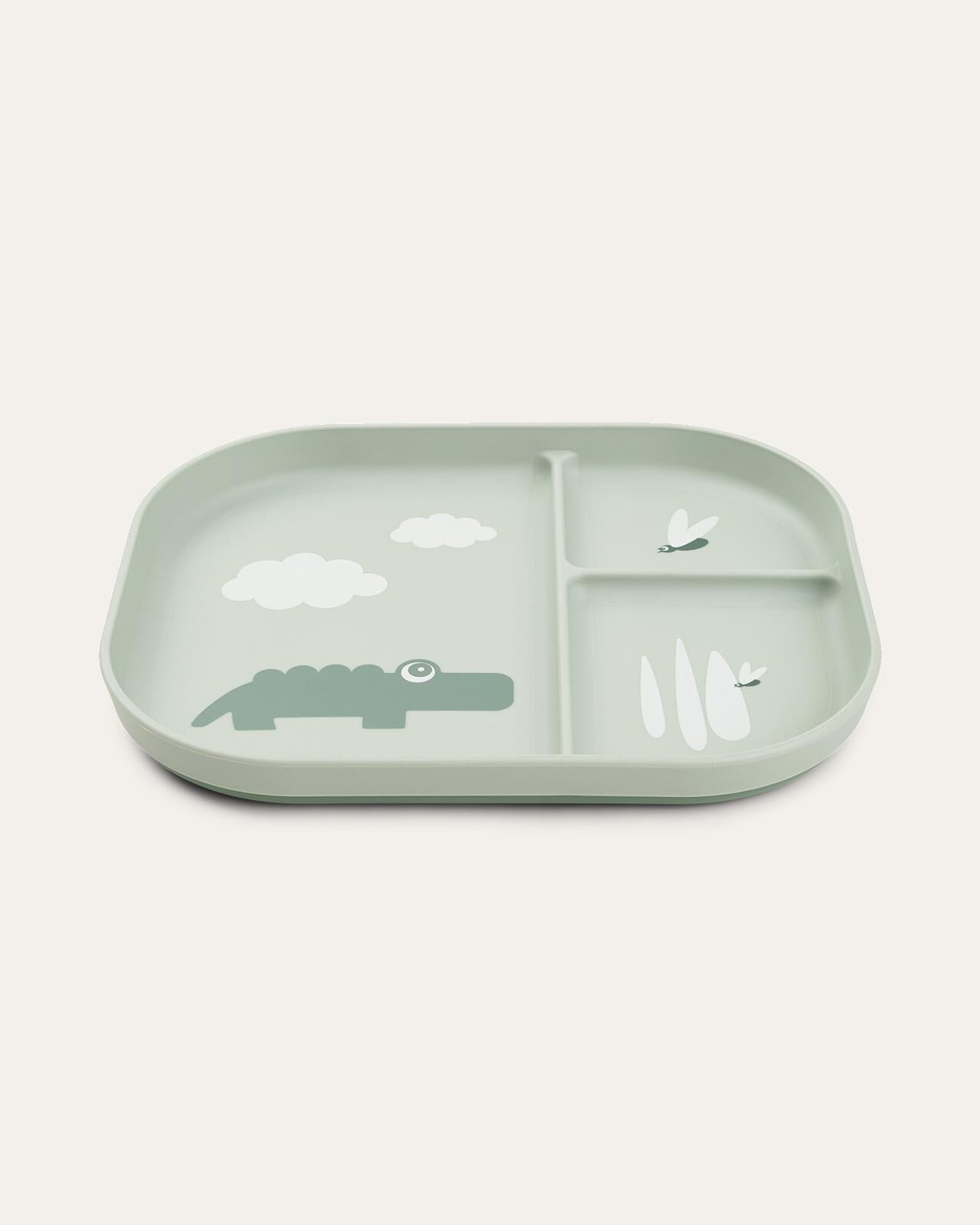 Foodie bord met vakjes Lichtgroen verdeeld kinderbord met krokodil, wolken en vliegen.