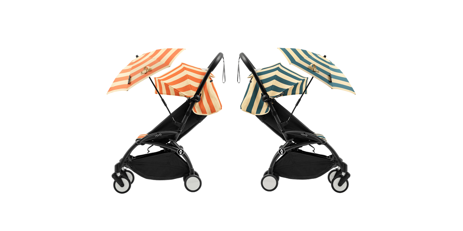 Deux poussettes STOKKE YOYO avec des capotes rayées et des parasols, l'une orange, l'autre bleu-vert.