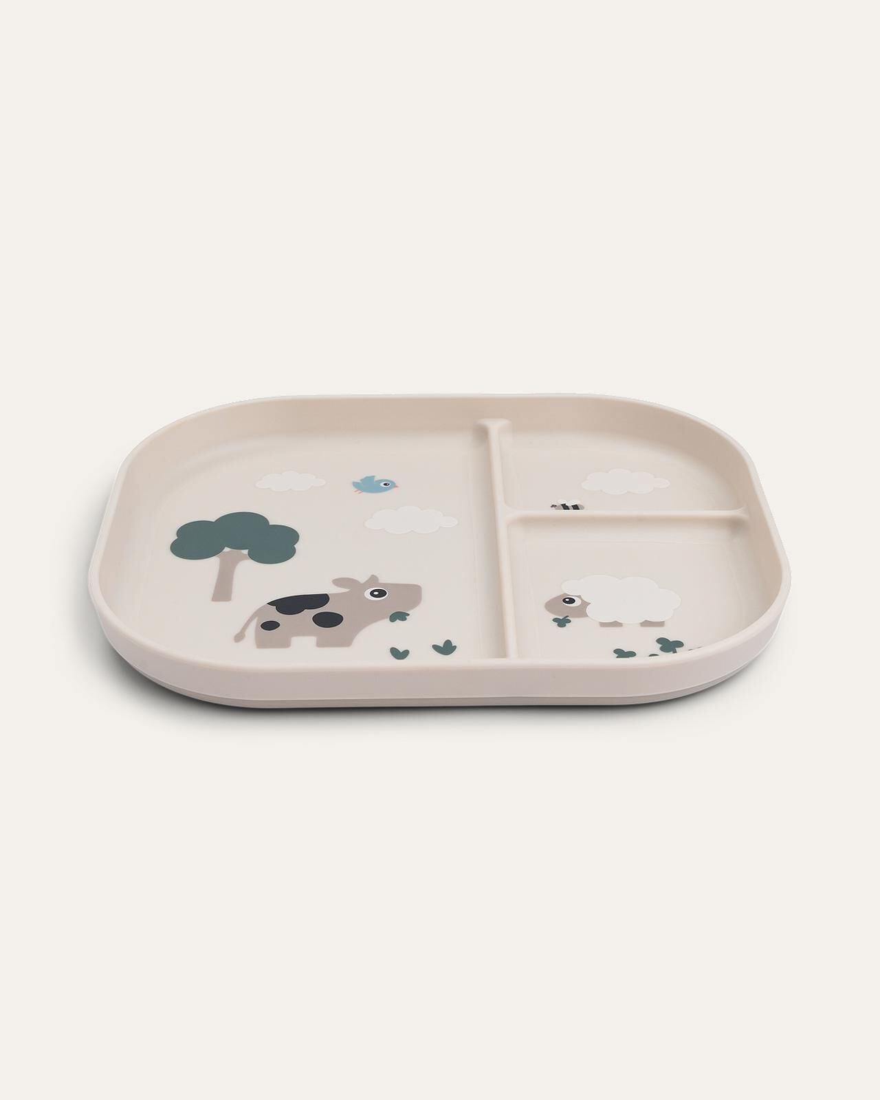 Foodie bord met vakjes Lichtbeige verdeeld bord voor kinderen met illustraties van een koe, schaap, boom en vogel.