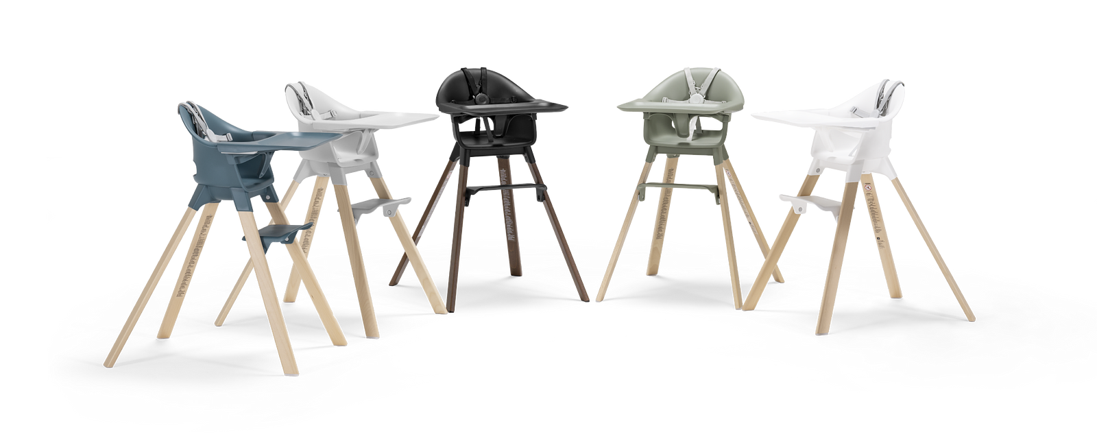 Four high chairs: blue, white, black, and green, with wooden legs and plastic seats.