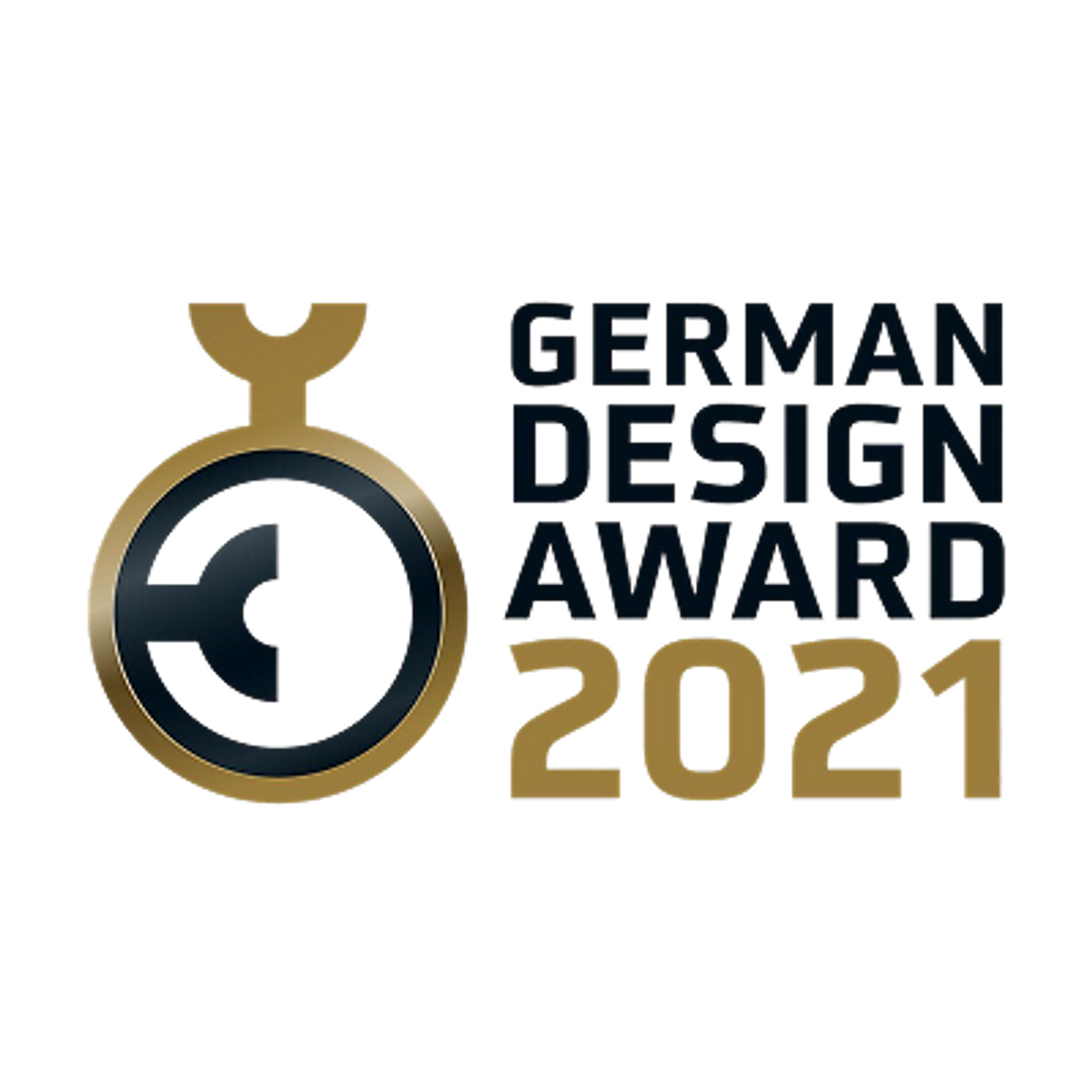 Gold and dark grey German Design Award 2021 logo with a medal icon.