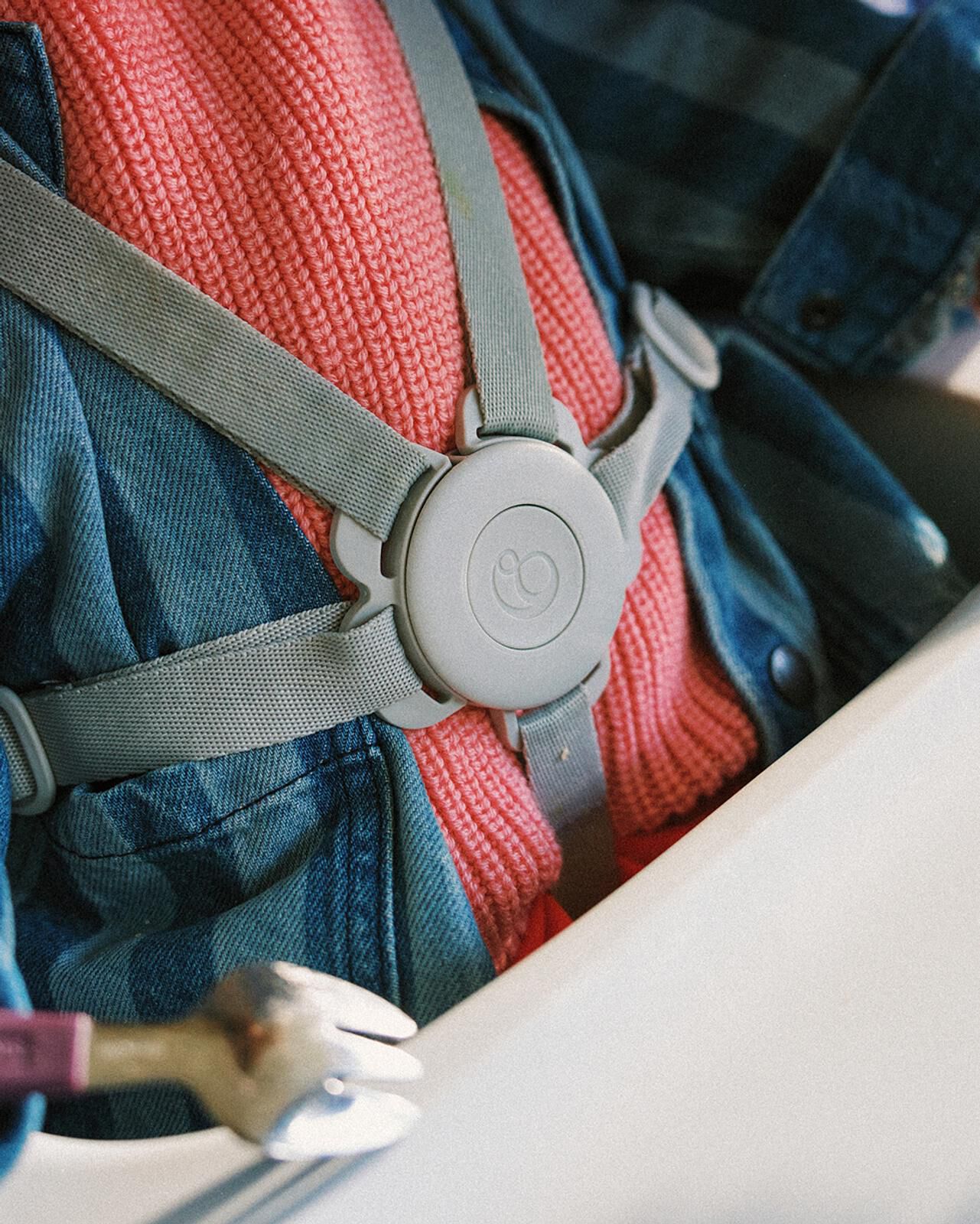 Child secured in a Stokke Tripp Trapp high chair harness, wearing a pink sweater.