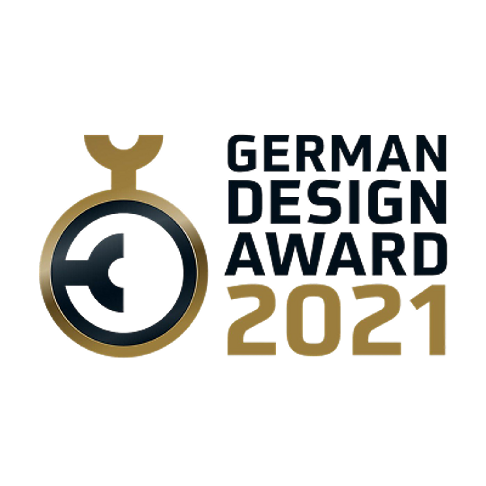Gull og mørkegrå German Design Award 2021-logo med et medaljeikon.