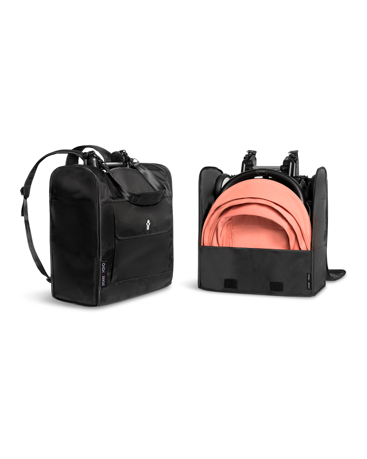 Black STOKKE YOYO bag, and the bag open with a coral STOKKE YOYO stroller inside.