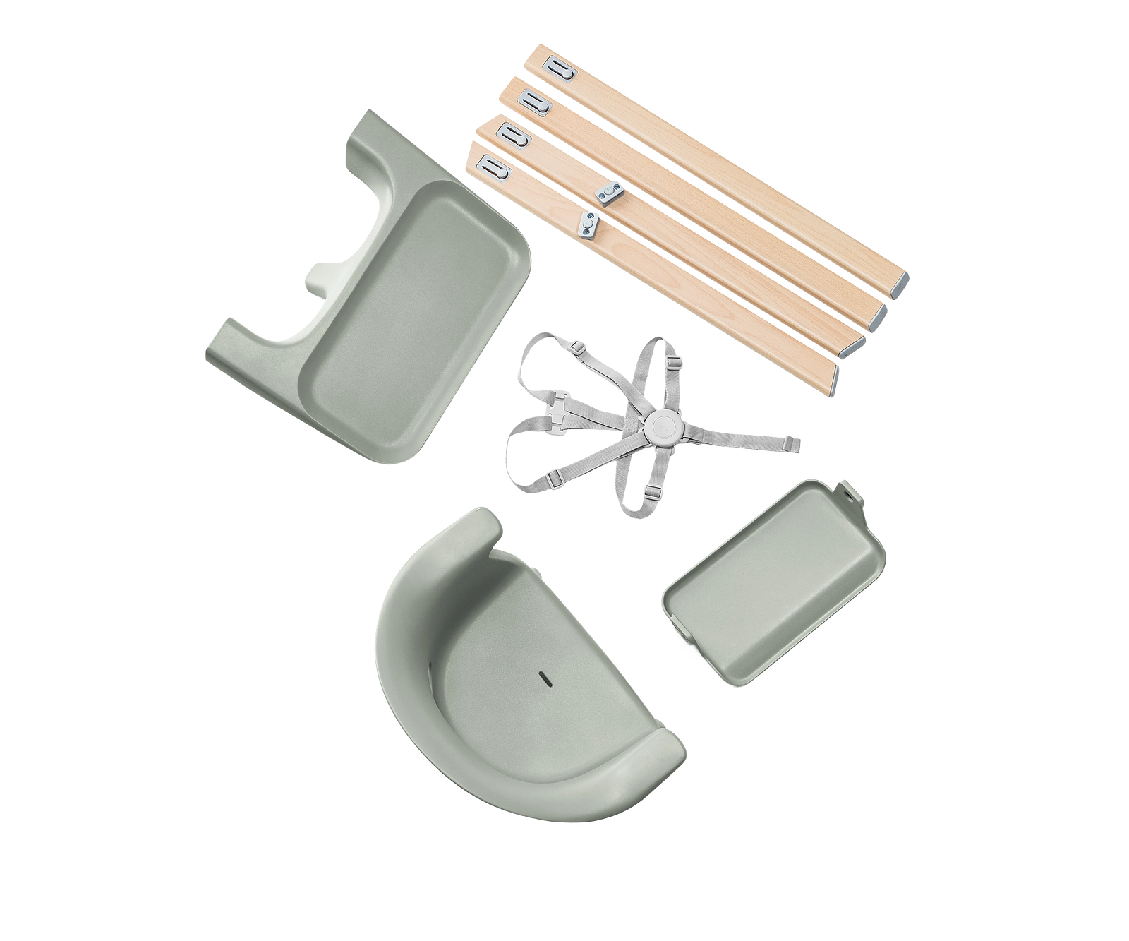 Piezas de la trona Tripp Trapp, incluyendo patas de madera, Baby Set gris, bandeja y arnés.