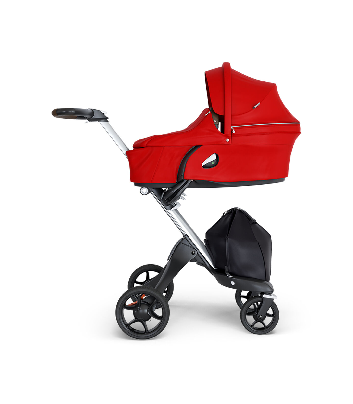 Stokke® Xplory® wtih Black Chassis and Leatherette Brown handle. Stokke® Stroller Carry Cot Red. view 2