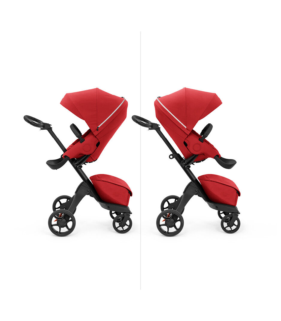 Stokke® Xplory X with seat, Ruby Red. Parent and forward facing.