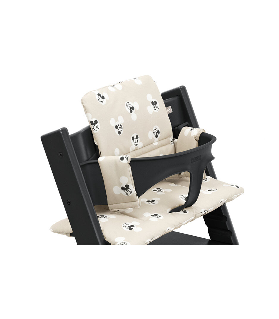 Tripp Trapp® Black with Baby Set and Classic Cushion Disney Signature. Close-up.