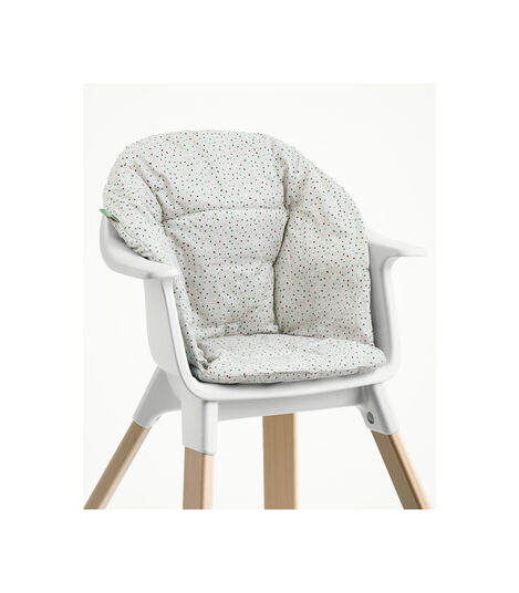 Stokke® Clikk™ High Chair with Tray and Harness, in Natural and White. Cushion Grey Sprinkle. Close-up. view 3