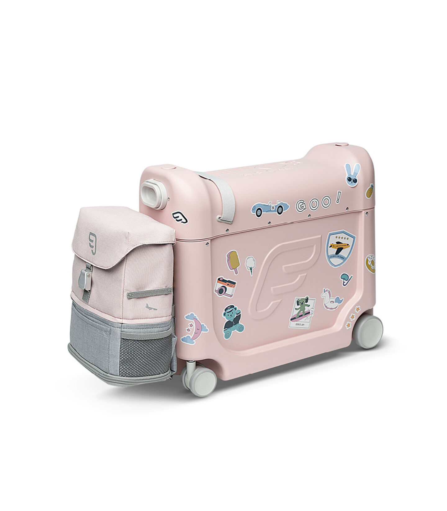 JetKids™ by Stokke® BedBox V3 and Crew BackPack in Pink Lemonade. Decorated with Stickers. view 2