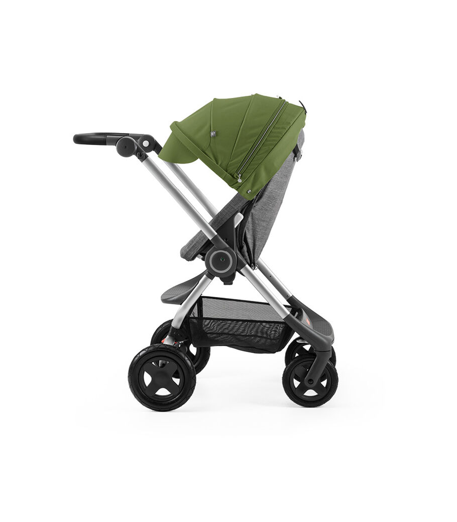 Stokke® Scoot™ Black Melange with Green Canopy. Leatherette handle. Parent facing, active position. view 75