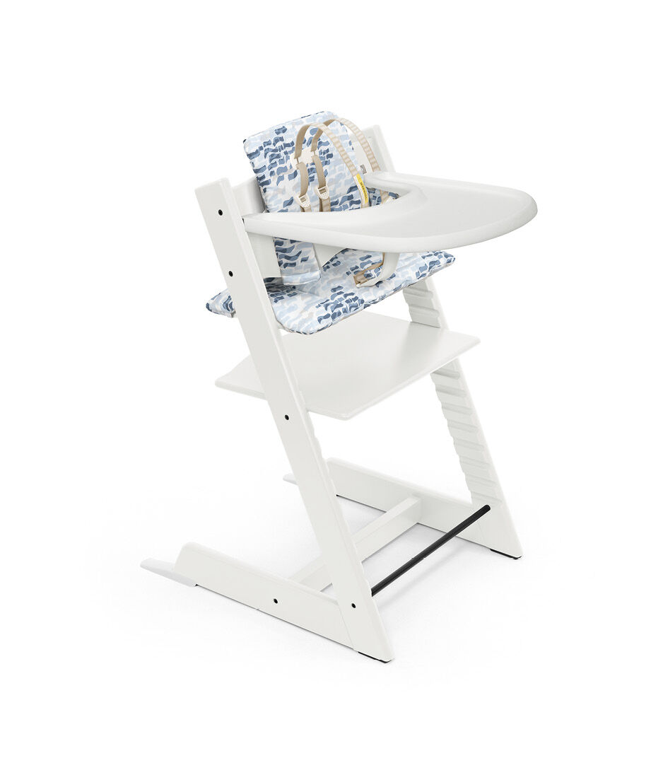 Tripp Trapp® Bundle. Chair White, Baby Set with Tray and Classic Cushion Waves Blue. US version.