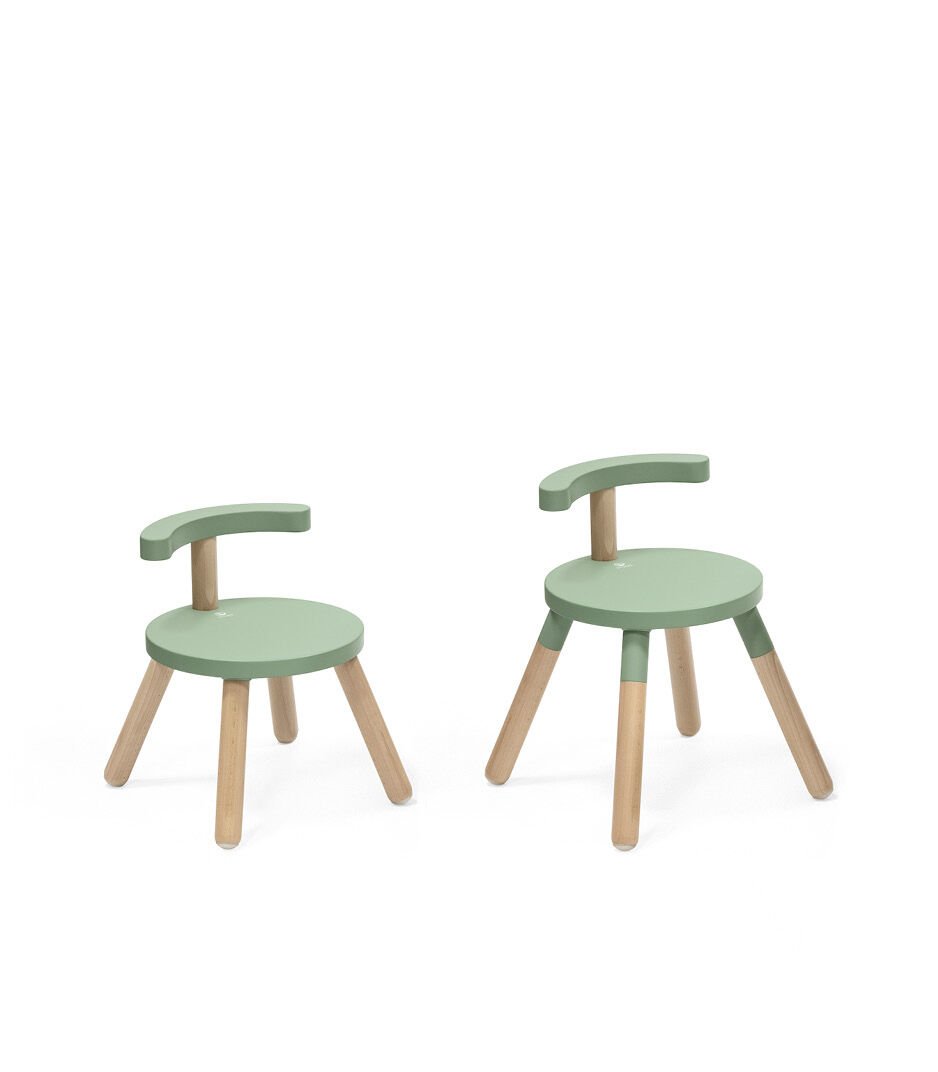 Stokke® MuTable™ Chair Clover Green with/whitout Leg Extension.