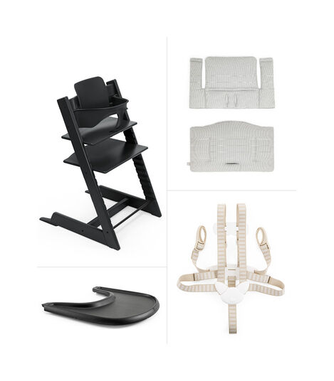 Tripp Trapp® Bundle. Chair Black, Baby Set, Classic Cushion Nordic Grey, Stokke® Tray. US version. view 2