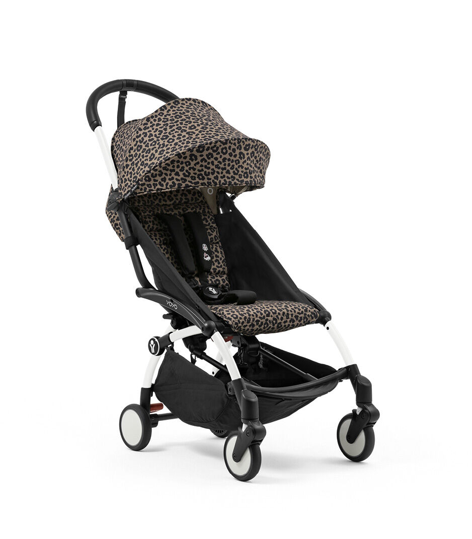 Stokke® YOYO® 6+ Leopard. White frame. Extended Canopy. Angled view.  galery image 37