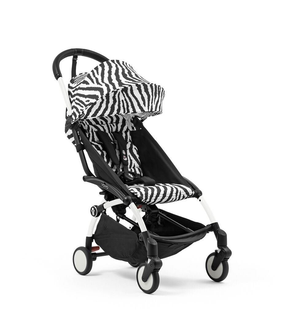 Stokke® YOYO® 6+ Zebra. White frame. Extended Canopy. Angled view. galery image 39
