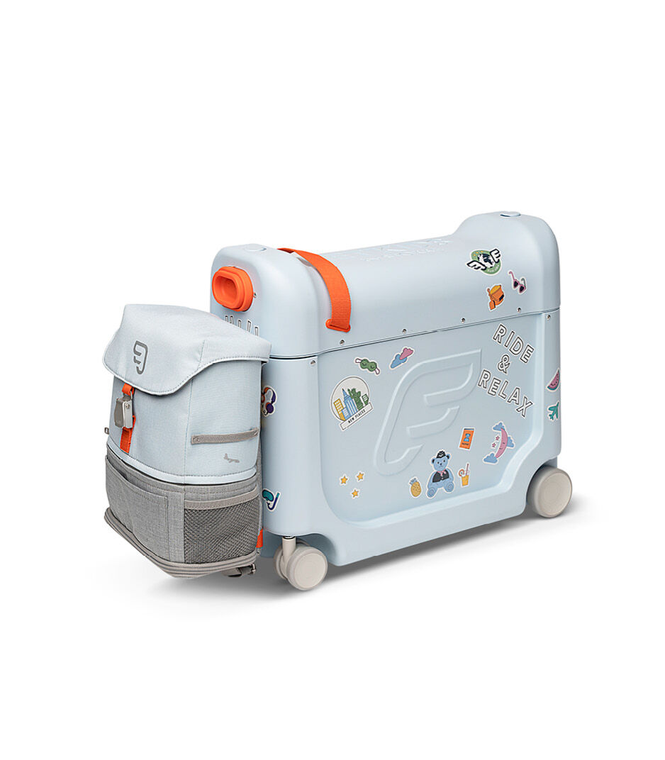 JetKids™ by Stokke® BedBox V3 and Crew BackPack in Blue Sky. Decorated with Stickers.
