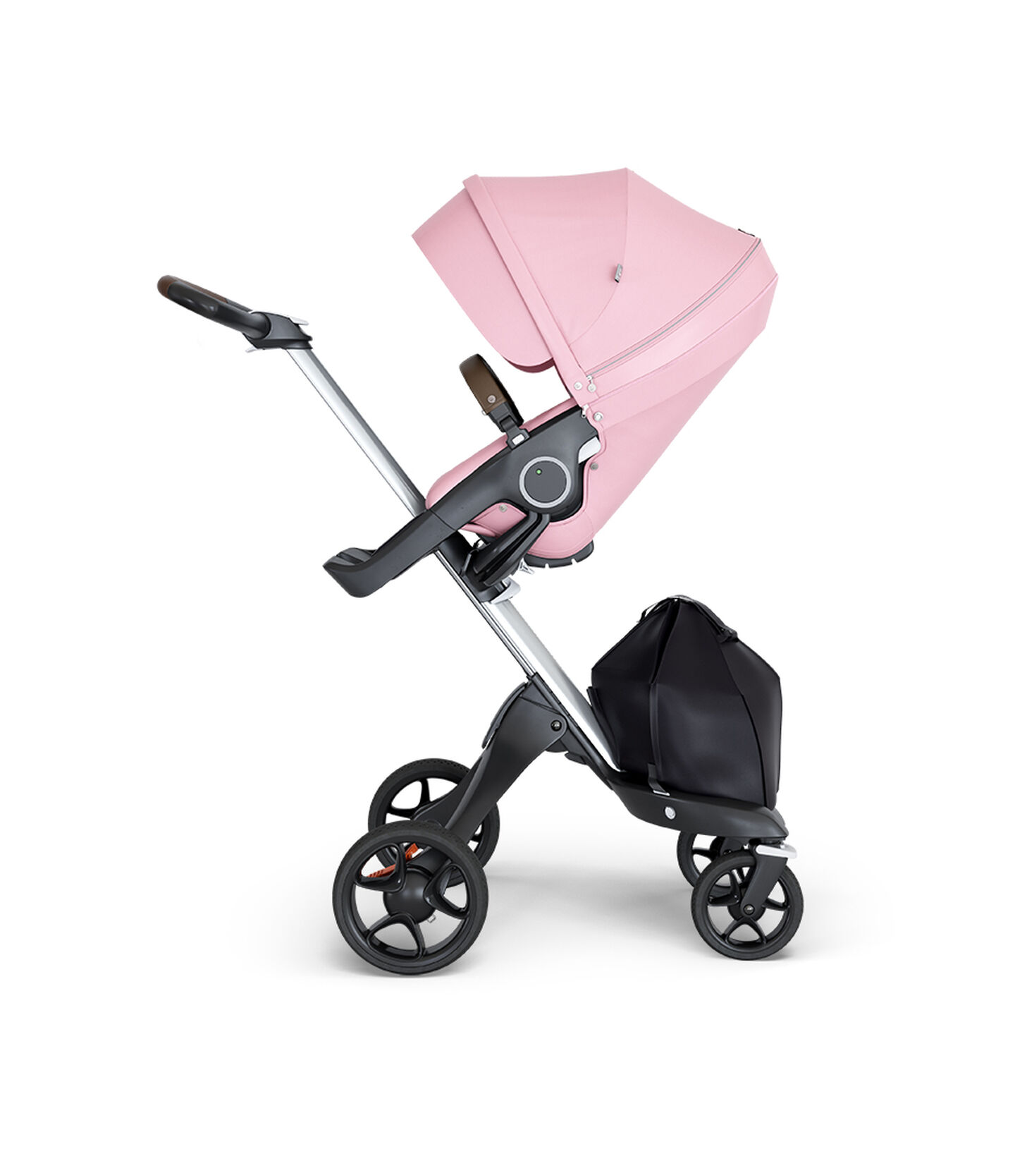 Stokke® Xplory® wtih Silver Chassis and Leatherette Brown handle. Stokke® Stroller Seat Lotus Pink. view 1