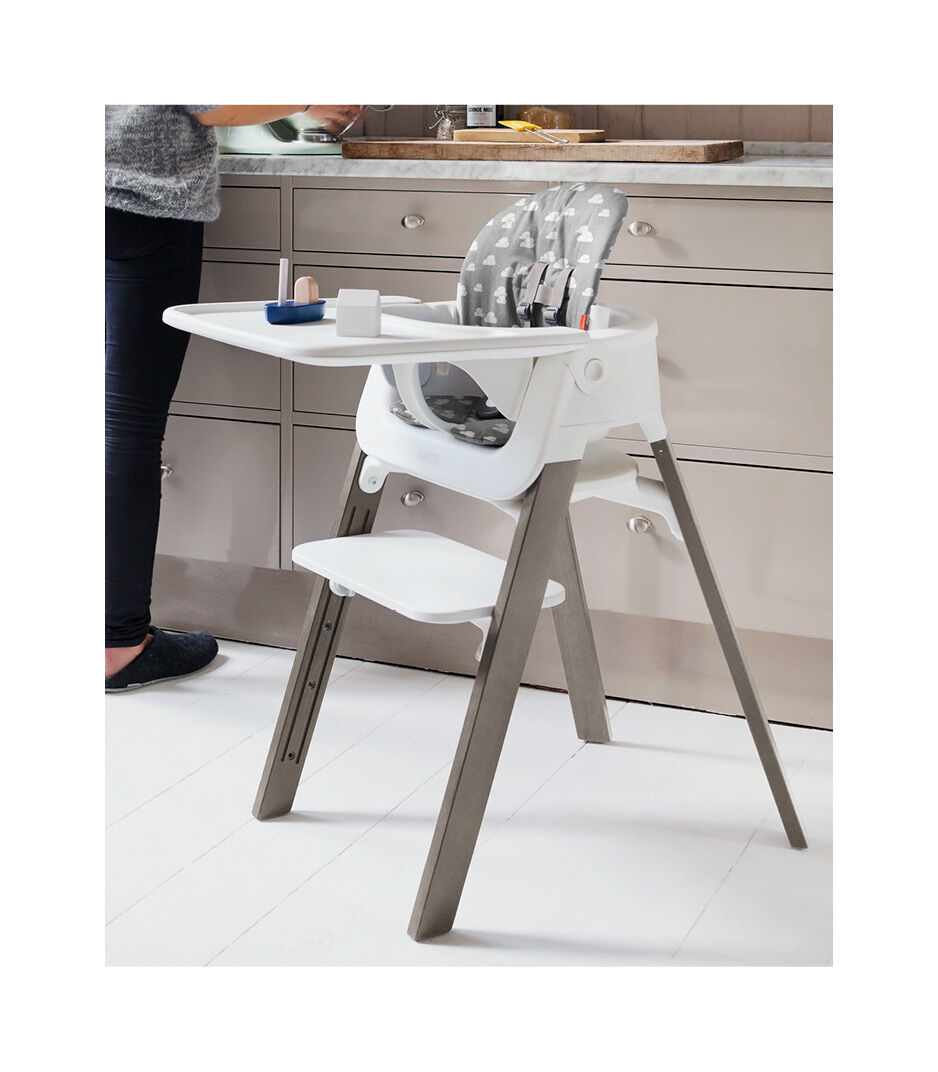 Stokke® Steps™ Hazy Grey with Baby Set and Tray. Grey Clouds Cushion.