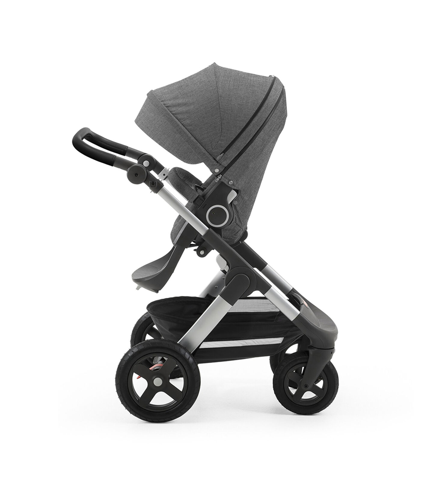 Stokke® Trailz with silver chassis and Stokke® Stroller Seat, parent facing, active position. Black Melange. Terrain wheels. Leatherette Handle. view 2