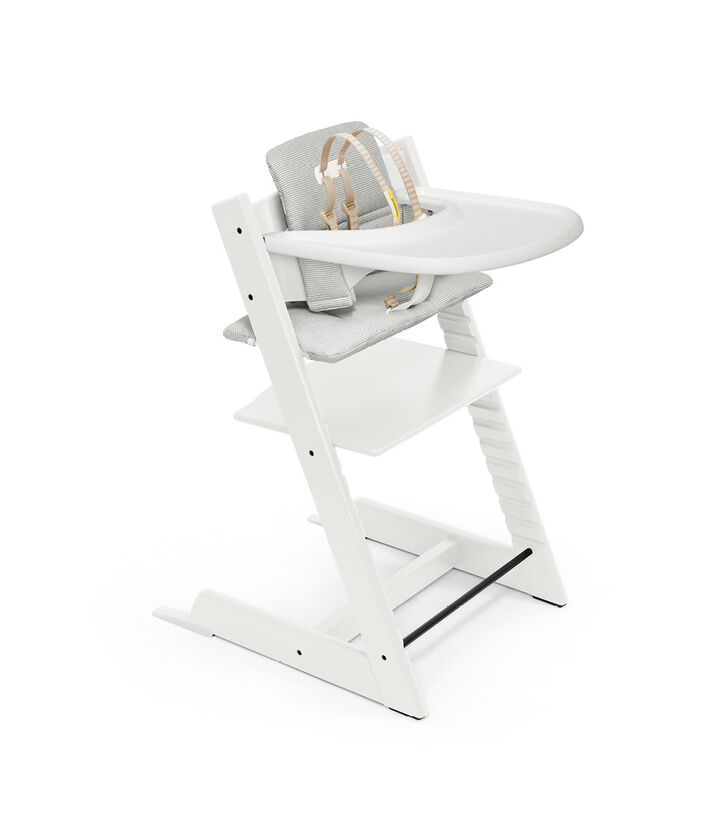 Tripp Trapp® Bundle. Chair White, Baby Set with Classic Cushion Nordic Grey and Stokke® Tray. US version.  view 1