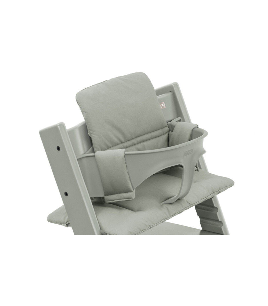 Tripp Trapp® chair Glacier Green with Baby Set and Classic Cushion Glacier Green. Close-up.