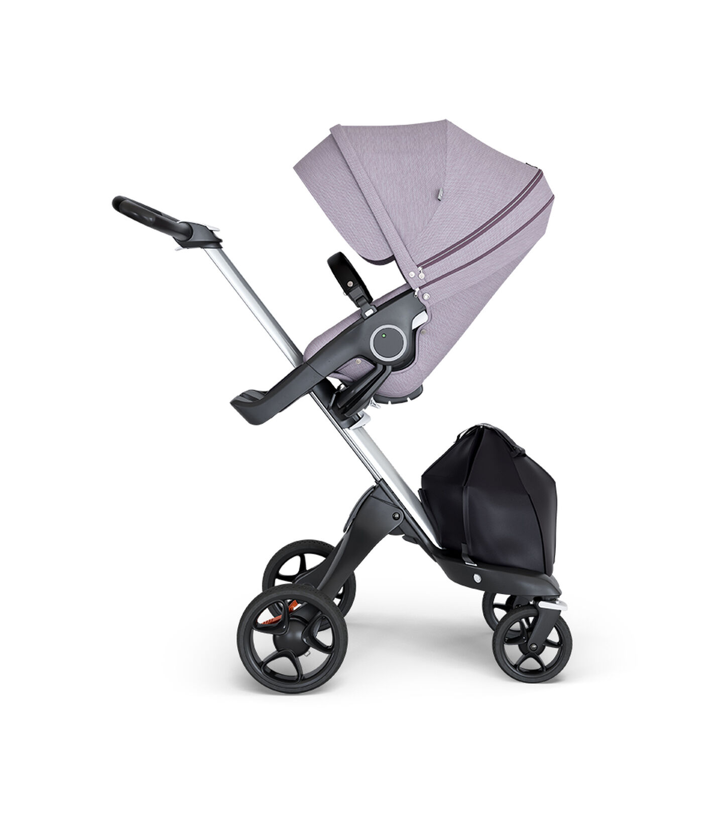 Stokke® Xplory® wtih Silver Chassis and Leatherette Black handle. Stokke® Stroller Seat Brushed Lilac. view 1