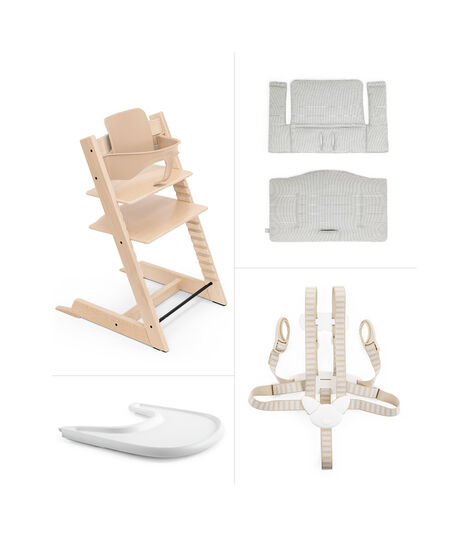 Tripp Trapp® Bundle. Chair Natural, Baby Set, Classic Cushion Nordic Grey, Stokke® Tray. US version. view 2
