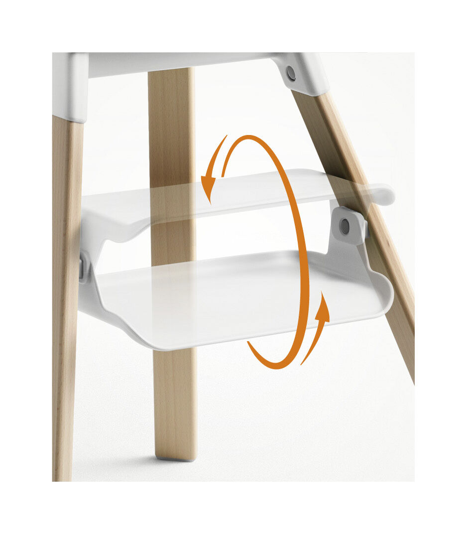 Stokke® Clikk™ High Chair Natural and White. Detail, footrest rotation.