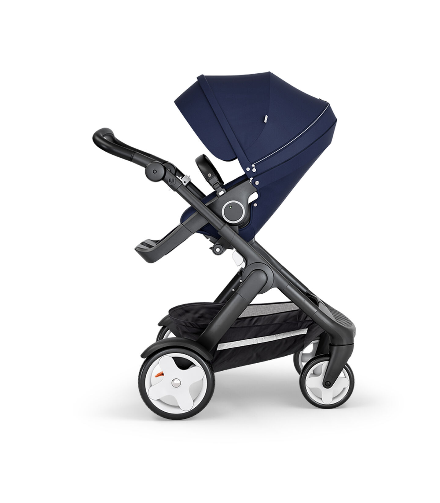 Stokke® Trailz™ with Black Chassis, Black Leatherette and Classic Wheels. Stokke® Stroller Seat, Deep Blue. view 1