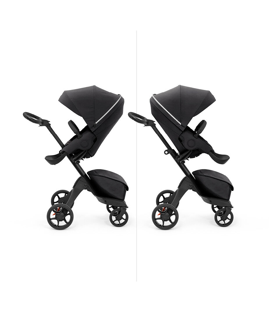 Stokke® Xplory X with seat, Rich Black. Parent and forward facing.