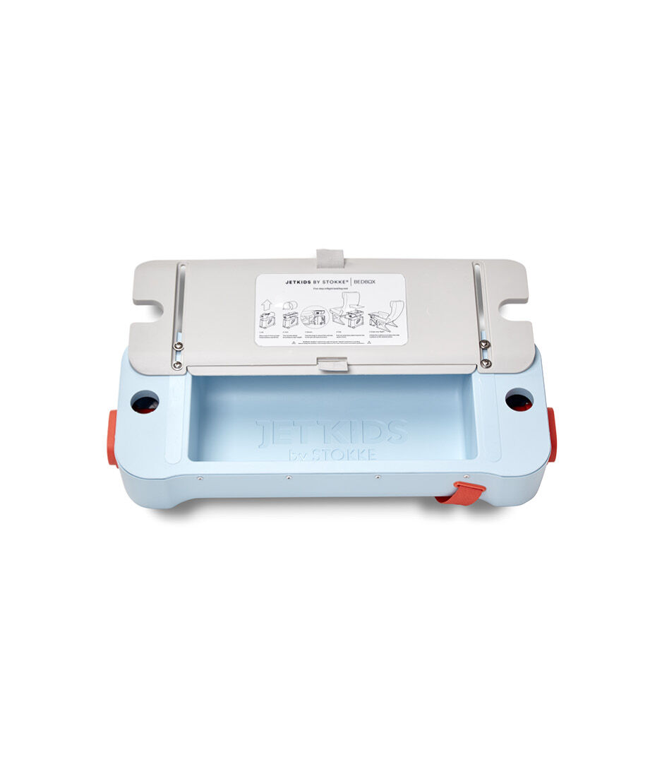 JetKids by Stokke® RideBox Blue Sky. Lid with extendable plate, open.