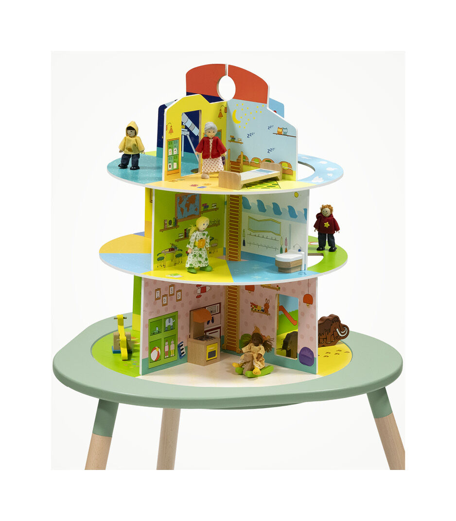Stokke® MuTable™ Chair and Table with 3-storage Playhouse, scenario 2, with dolls and toys (accessories). Detail.