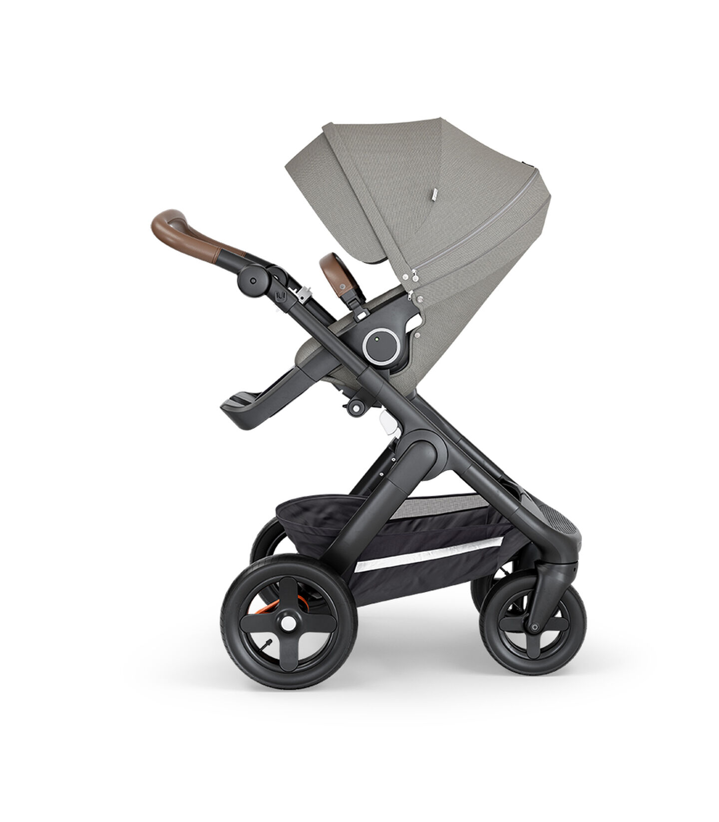 Stokke&reg; Trailz&trade; with Black Chassis, Brown Leatherette and Terrain Wheels. Stokke&reg; Stroller Seat, Brushed Grey.