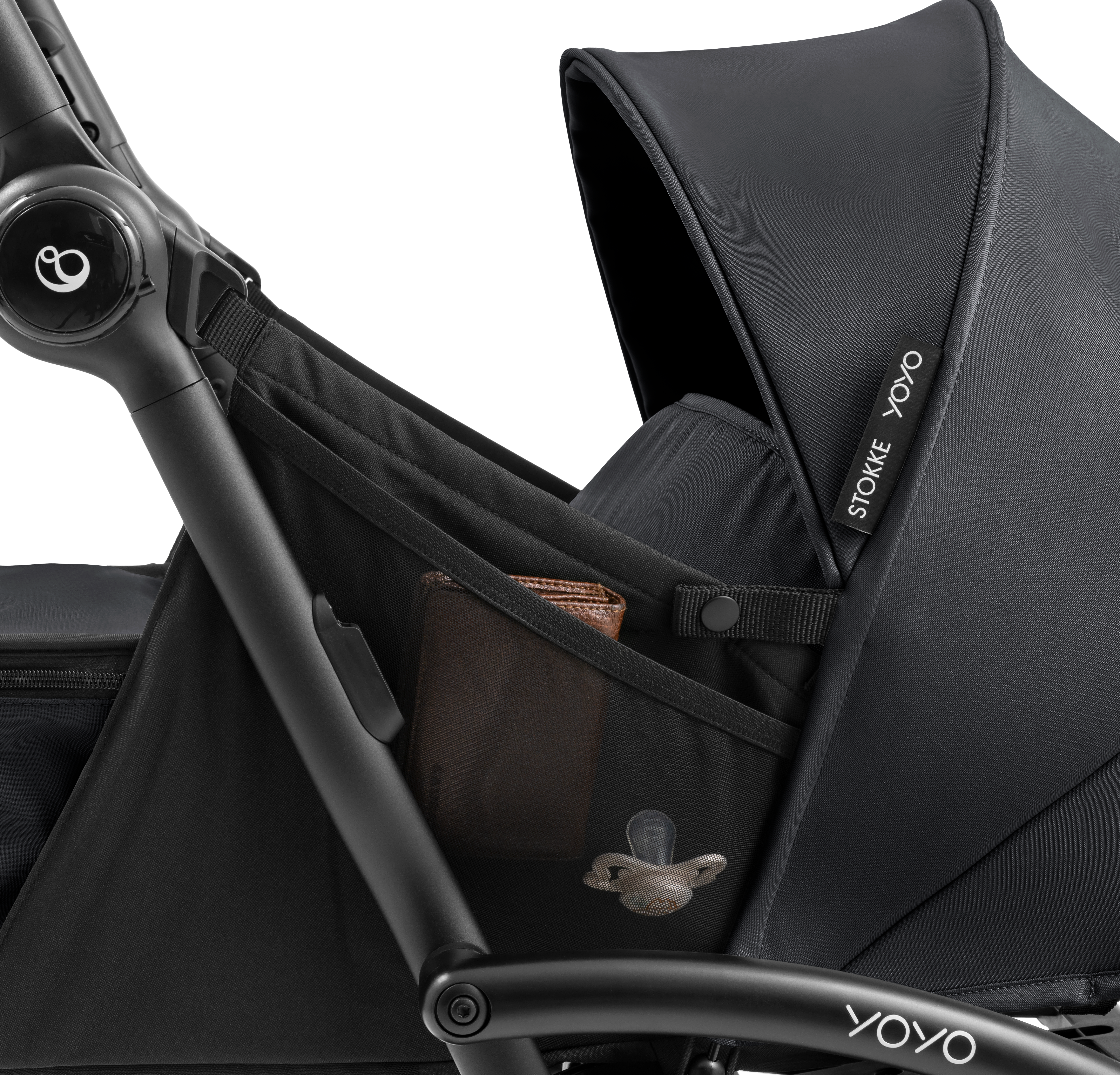YOYO5 Newborn Pack, Black. Side pocket detail. function. Side view. galery image 5