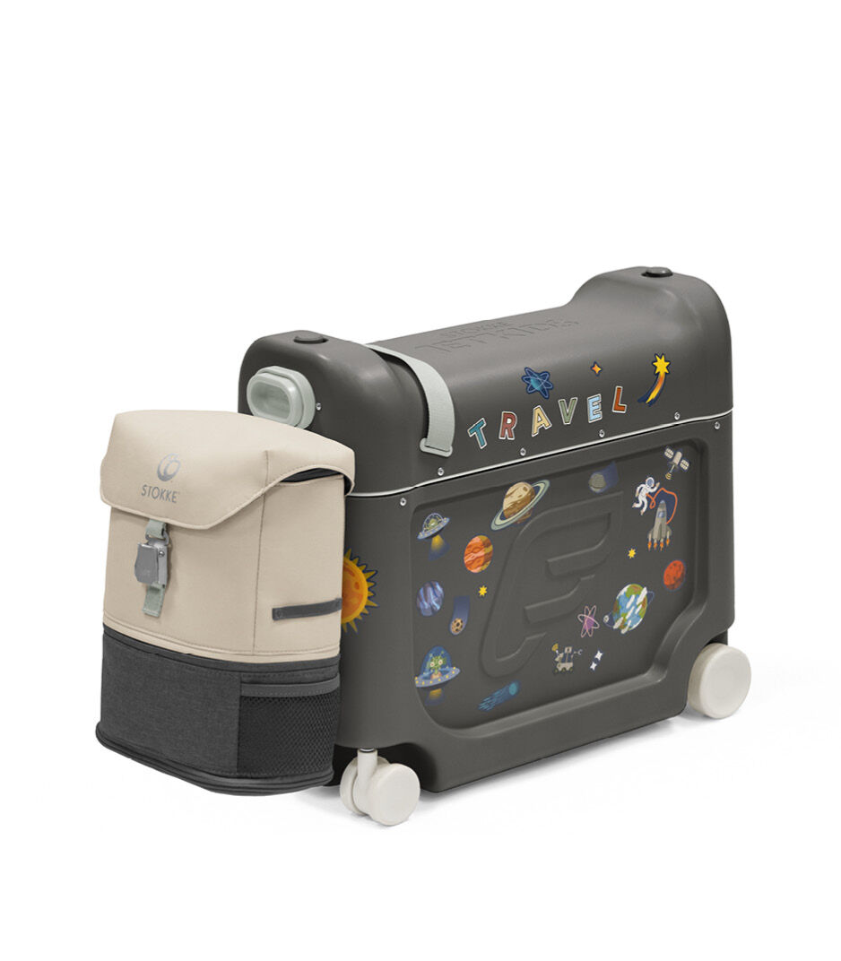 Stokke® JetKids™ BedBox™ V4. Midnight Grey with Sticker set "Star". With BackPack attached.