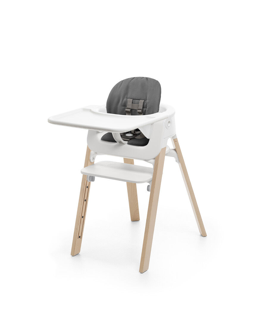 Stokke® Steps™ High Chair Natural with White Baby Set and Tray. Cushion Herringbone Grey.